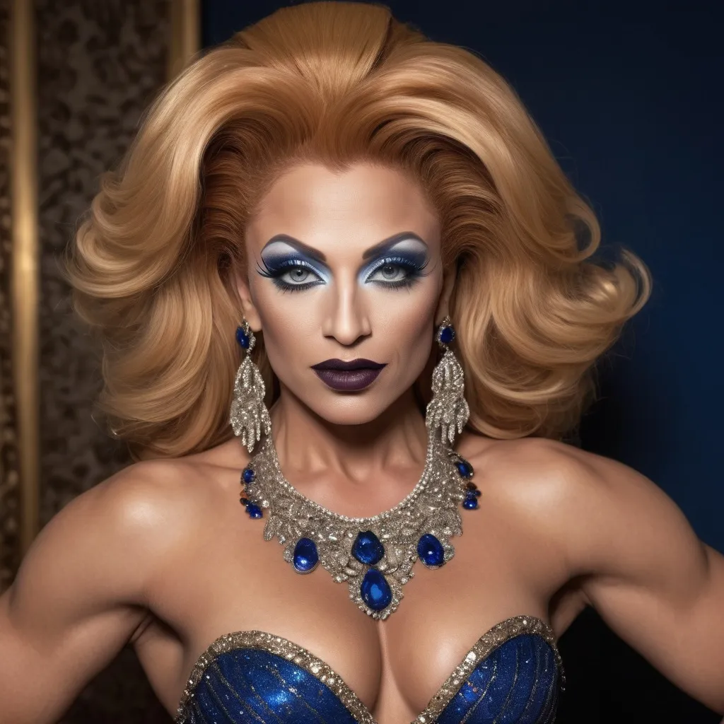 Prompt: Glamorously dressed gorgeous muscular 35-year-old olive-skinned Turkish drag queen bodybuilder (strawberry-blonde hair, dark lipstick, drag queen facial features) of the 1990s, adorned with exquisite sapphire jewelry, striking deep blue eyes, vintage fashion with elegant silhouette, intricate details in designer clothing,  luxurious ambiance, soft lighting.