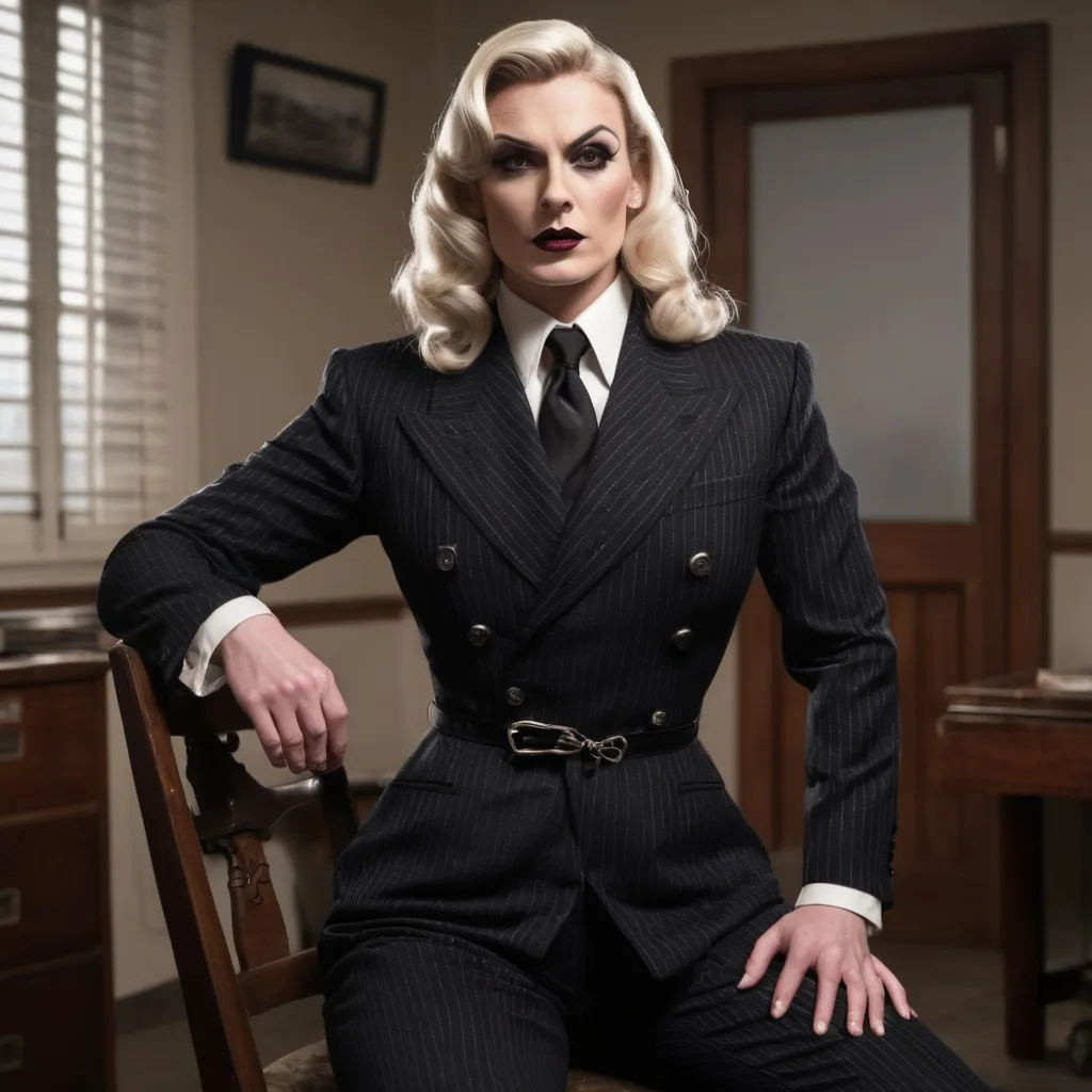 Prompt: (photorealistic) gorgeous muscular 35-year-old caucasian British crossdressing bodybuilder (with large busom, dark eyeshadow, and dark lipstick) as a private eye in 1945, (intense expression), wearing a black double-breasted pinstripe trouser suit, tied to a chair with white ropes, (dimly lit) storeroom filled with wooden crates, shadows creating an atmosphere of suspense, intricate details, high contrast, (4K clarity), dramatic and cinematic ambiance.