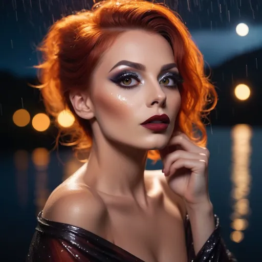 Prompt: epic masterpiece, at (night:1.8) with (hyper detailed:1.5), gorgeous, 25-year-old, Polish drag queen supermodel, looking at camera, dark orange hair, dark eyeshadow and dark red lipstick, Insanely detailed, backlit, bokeh, face turned upwards to the sky, blushing lightly with mouth open, she has an orange diaphanous flowing transparent long shawl draped about her shoulders and upper arms, midnight, a calm lake in ((pouring rain:1.4)), surrounded by high cliffs covered in shadows, breathtaking starry night sky, galaxies, nebula, tiny fireflies floating in the air, 8k photo, HDR, masterpiece, fine details, natural beauty, breathtaking, captivating, fine details, sharp, very detailed, high resolution, close up, taken with a Hasselblad H6D-100c, Hasselblad Zeiss Sonnar F 150mm f/2.8 lens, Godox SK400II Professional Compact 400Ws Studio Flash, sharp focus, fine details, 5 flash set up, Ring light for catchlight eyes, Award winning photography, pro lighting, realistic, realism