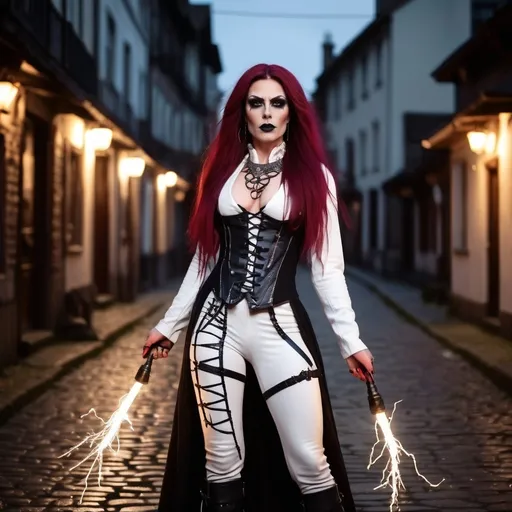 Prompt: Gorgeous muscular 35-year-old Romanian drag queen shadow warrior with bolts of electricity arcing from her magic wand, tall, long dark red hair, black eyes, dark gothic makeup, pale skin, white leather duster, white vest with celtic runes, white leather boots, cinematic, horror, 8K photo, key light, standing in a cobblestone lane, foggy night, intricate details.