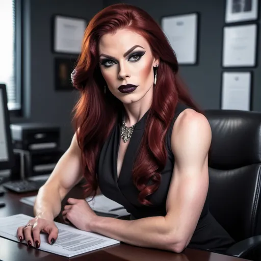 Prompt: Gorgeous, muscular, transwoman (with very strong masculine jawline) with long luscious dark red hair, dark eye makeup,  and dark lipstick wearing a beautiful designer  business dress and heels. Sitting confidently at a desk in an office