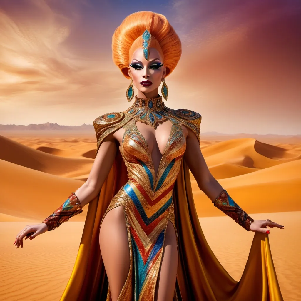 Prompt: The most beautiful drag queen on Arrakis wearing the traditional Krypton dress.