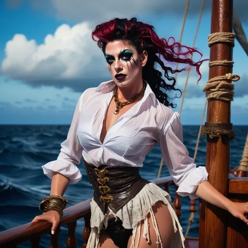 Prompt: (Gorgeous muscular 25-year-old drag queen pirate), mopping the deck, wearing a white blouse (partially see-through, wet), breezy ocean atmosphere, dark eye makeup and dark lipstick, vibrant colors of the sea, high-quality details, dramatic lighting, carefree and adventurous mood, ocean waves in the background, wooden ship deck, cinematic depth, ultra-detailed scene, (action-oriented composition).