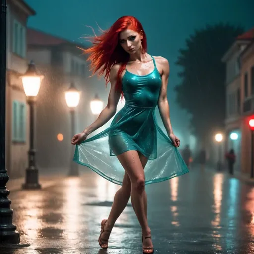 Prompt: dark street, Croatian muscular dance girl with bright red hair wearing very short teal color transparent frock. that girl show using turned on street lamp. she is stand under the lamp. background is dark. little raining . she is wet. body figures are showing under the dress.