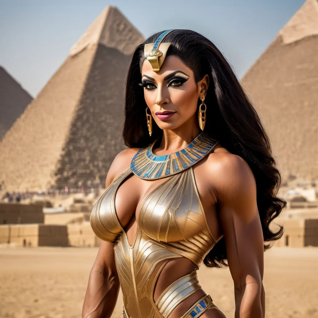 Prompt: A stunning portrait of gorgeous muscular 35-year-old Egyptian drag queen bodybuilder Cleopatra, the Queen of Egypt, depicted with regal elegance and beauty. Standing majestically before the Great Pyramids of Giza


