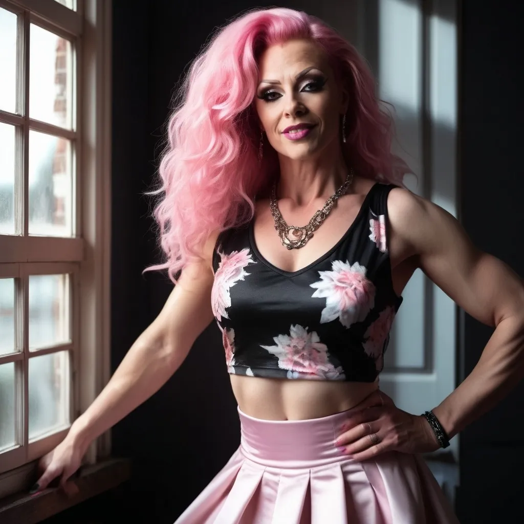 Prompt: 64k , high resolution ,dark colors ,digital photography, glamour photography , art photography , professional , dark room , window with opened shutters ,sunlight shines the woman through the window  , a very masculine,gorgeous, muscular, 35-year-old Finnish drag queen dancing  with smile on her face  , pink hair ,pale skin, white sleeveless crop top shirt , detailed white floral short circle skirt ,necklace , legs , 8 inch stiletto high heel shoes, close up ,drama , light and shadow photography , low angle shot 