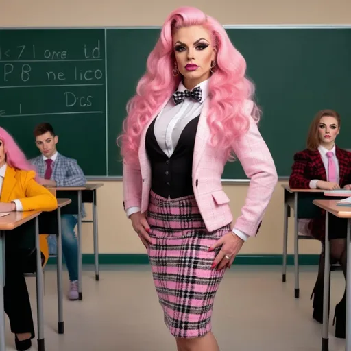 Prompt: Ultra-realistic 64k hi-res digital photograph of a Gorgeous ultra-muscular 25-year-old Ukrainian drag queen bodybuilder with ridiculously long wavy pink hair, a pink tweed jacket, white shirt, pink bowtie, black plaid tweed pencil skirt, and 8 inch stiletto high heel shoes, standing at the front of a classroom by a chalkboard. 