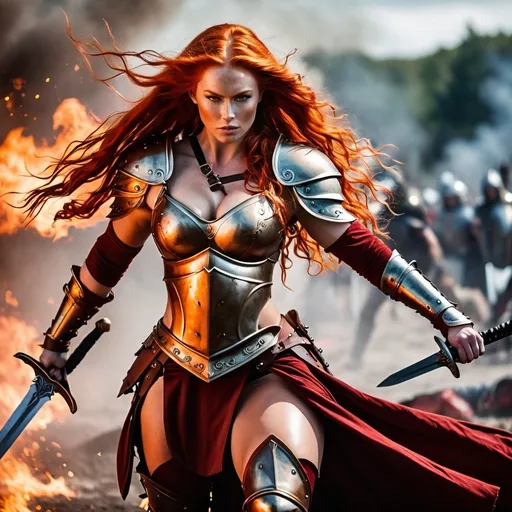 Prompt: Gorgeous ultra-muscular 25-year-old Finnish goddess with huge busom and ridiculously long wavy fiery red hair, dressed as a warrior princess in complete bronze armor and a gleeming steel longsword in the midst of a bloody and fiery battle.