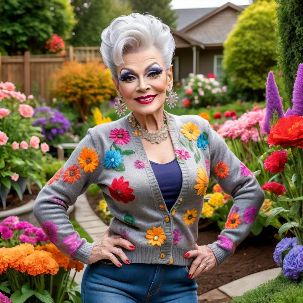 Prompt: Gorgeous elderly drag queen with a silver updo hairstyle, gardening in a backyard while wearing tight jeans, cardigan sweater, abd 8 inch stiletto high heel shoes.