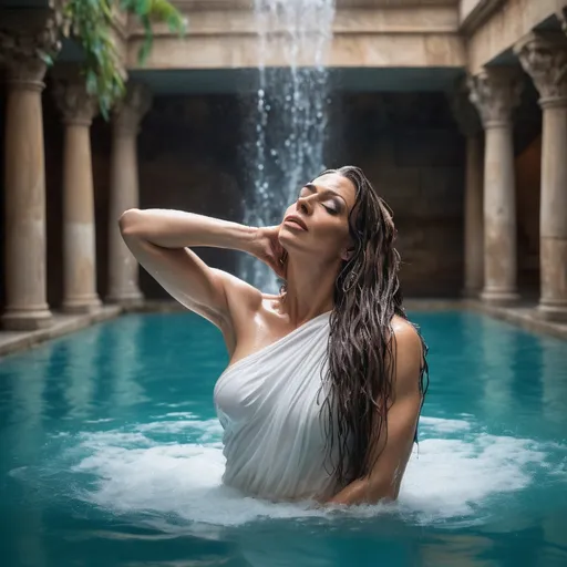 Prompt: A beautiful muscular 35-year-old roman drag queen in a white dress with one bare shoulder submerged in water up to her waist under an artificial waterfall in an ancient Roman bath turquoise clear pool . She tilts her head back holding her hands on her hair eyes closed enjoying the refreshing water cascading over her long hair . Column , pots with palms , roman statues . Golden sunlight filtering through the windows . Dust particles in the air