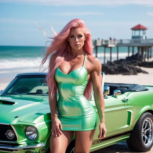 Prompt: Gorgeous ultra-muscular 25-year-old Finnish goddess bodybuilder with huge busom, and ridiculously long  pink hair (((blowing in the wind))), long muscular legs, wearing thigh-high 6 inch stiletto high heel boots and a tight gold satin button up mini-dress standing next to a shiny 1968 Ford Mustang convertible ((( neon mint green))) car parked along a beach in Daytona Beach, flirty expression, defined muscles, photorealistic, hyperdetailed, 8K, photograph, colour film