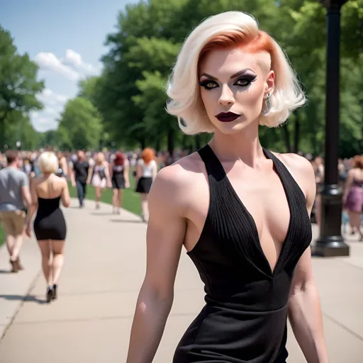 Prompt: A gorgeous muscular red-headed 25-year-old Czechian drag queen with a cute platinum blonde swept over pixie hair, with  strong masculine facial features,  dark eyeshadow and dark lipstick,  wearing a Knit Pleat-Back Dress, and 8 inch stiletto high heel shoes,  walking through Grant Park in the summer.