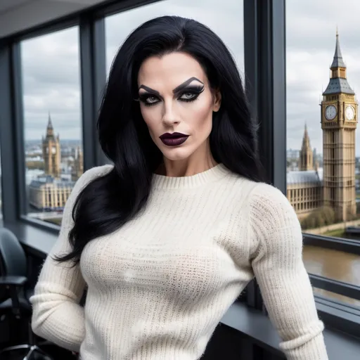 Prompt: Gorgeous muscular 35-year-old French drag queen with strong masculine jawline,  very long black hair, dark eyeshadow, and dark lipstick, in the CAD office wearing a white chenille knitted sweater, next to the window with London city and Big Ben view