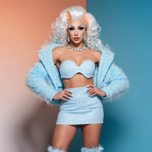 Prompt: A full-length hi-res digital photograph of a gorgeous ultra-muscular 25-year-old Czechian drag queen goddess, cute white sparkly bandeau top, light blue furry clubbing jacket, cute light orange and white checked mini skirt, 8 inch stiletto high heel shoes, extremely long light blue wavy hair. Composition focus on full-body and legs.