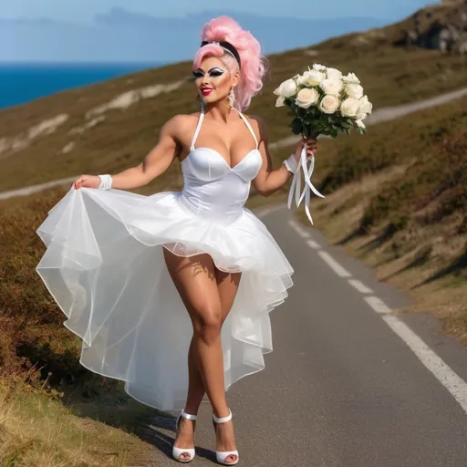 Prompt: Cute and glamorous 20-something Eurasian drag queen bodybuilder, very beautiful,
During a photoshoot wearing a sheer mini wedding dress, garter belt, and stiletto high heels
Hairband on her head
Smiling expression
Outfit that emphasizes her glamorous body
Large busom 
Holding a small bouquet in one hand.
Taking a photo on a windy seaside hill.
Skirt and veil blowing in the wind
Sitting on a bench with her muscular legs slightly spread
Thighs visible
Wearing a garter belt
