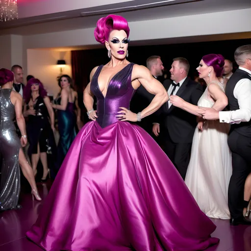 Prompt: Classy muscular 38-year-old British drag queen wearing long elegant ball gown, 8 inch stiletto high heel shoes, with dark eyeshadow and dark lipstick, and long Fuscia updo hair walking across the dance floor...