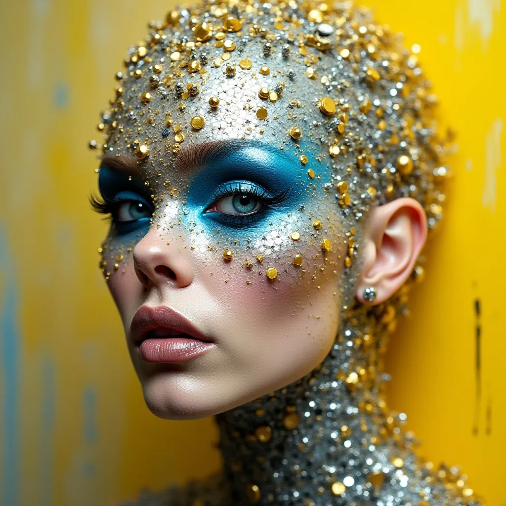 Prompt: a gorgeous masculine 25-year-old drag queen's face is futuristically transformed into a chrome-plated structure covered in wires. The left blue eye is shown in photo-realistic detail. the right eye futuristic. It is surrounded by silver and gold detailed small shapes against an abstract background that depicts dark yellow tones as dripping paint 