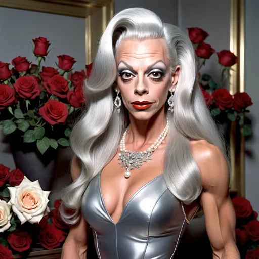 Prompt: Don Knotts dressed up as a Gorgeous ultra-muscular 25-year-old Finnish drag queen bodybuilder with long shiny straight silver hair, full lips, luxurious designer silver gown with a high neckline(showing no cleavage), 8 inch stiletto high heel shoes with pearl necklace, diamond rings and brackets. Posing in a room full of roses.