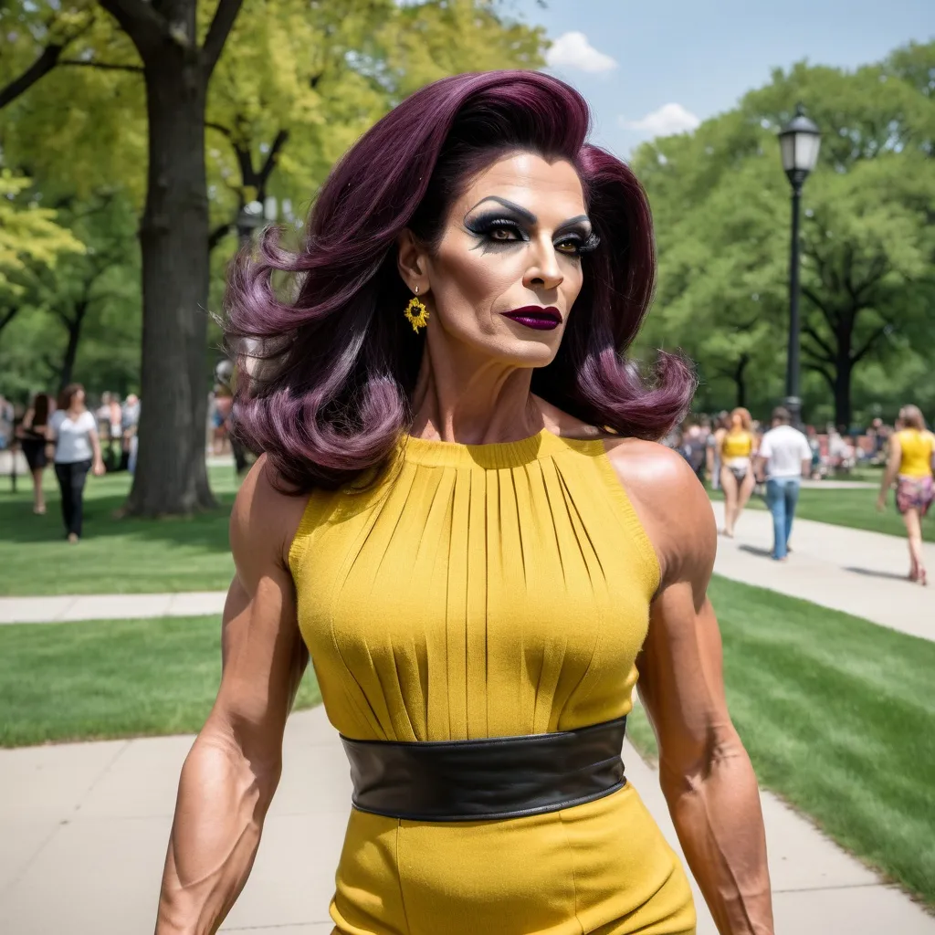 Prompt: A gorgeous muscular 45-year-old Romanian drag queen with a medium length salt and pepper swept over hair, with  strong masculine facial features,  dark eyeshadow and dark lipstick,  wearing a yellow Knit Pleat-Back Dress, and 8 inch stiletto high heel shoes,  walking through Grant Park in the summer.