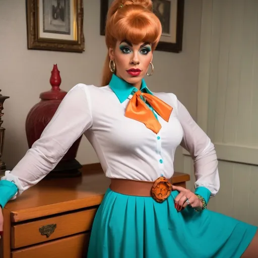 Prompt: Gorgeous muscular 25-year-old drag queen (masculine jawline and brow facial features) dressed as Fred Jones ((((scooby doo character)))) in white long sleeve shirt, teal long skirt and orange ascot with blonde, blonde updo, large busom, long muscular legs and 8 inch stiletto high heels shoes, spooky, dark, dimly lit haunted attic. white long sleeve shirt. Ghosts and spiders