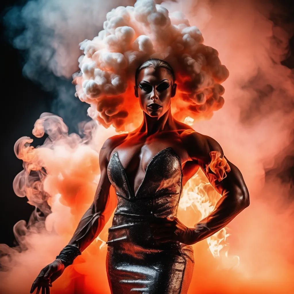 Prompt: Gorgeous ultra-muscular 25-year-old Czechian drag queen bodybuilder made of smoke and fire. Wearing a gown of lava.