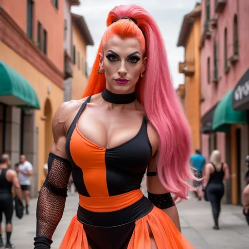 Prompt: 4k, 8k, Fred Flinstone dressed up as A tall gorgeous ultra-muscular 25-year-old Italian drag queen bodybuilder walking towards me, she has long pink hair pulled up into a ponytail, Detailed eyes, detailed face, full body. She is wearing black gloves, tight neon orange pleated skirt, fishnet stockings and thigh-high 8 inch stiletto high heel boots walking the streets of Las Vegas at night.