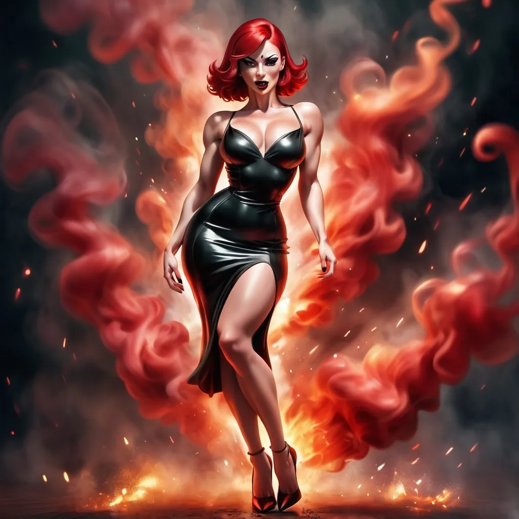 Prompt: A gorgeous ultra-muscular 25-year-old Czechian female goddess bodybuilder in a short dress, bright red hair and 8 inch stiletto high heel shoes, is spinning around surrounded by swirling smoke , fire background, dark eye shadow, dark red lipstick, full body portrait, high contrast sharp focus,  detailed, photorealistic,  studio volumétrique light, fog.