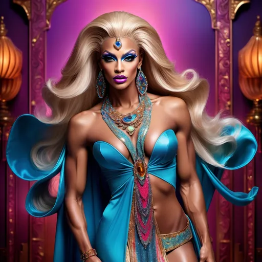 Prompt: If Aladdin was a gorgeous supermodel drag queen (full length photo) with long muscular legs and a very muscular physique