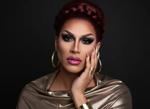 Prompt: This is a close-up photograph of a 35-year-old spanish drag queen with a glamorous and stylish appearance. She has medium-dark skin and is wearing her dark red hair in an elaborate updo with a braided crown on top. Her eyebrows are well-defined, and she has dramatic, smoky eye makeup with long, thick false eyelashes. She is wearing bright pink lipstick. Her left hand is gently touching her cheek, showcasing her long, manicured nails with gold and silver designs. She is adorned with large, gold hoop earrings and a gold ring on her right hand. She is wearing a shimmering, metallic gold and bronze shawl draped over her shoulders. The background is a solid, dark black wall, which contrasts with her bright makeup and colorful shawl. The texture of the shawl is smooth and reflective, while her skin has a smooth, even texture. The overall style of the photograph is glamorous and high-fashion, emphasizing elegance and sophistication. The lighting is even, highlighting her features and the textures of her outfit and accessories.