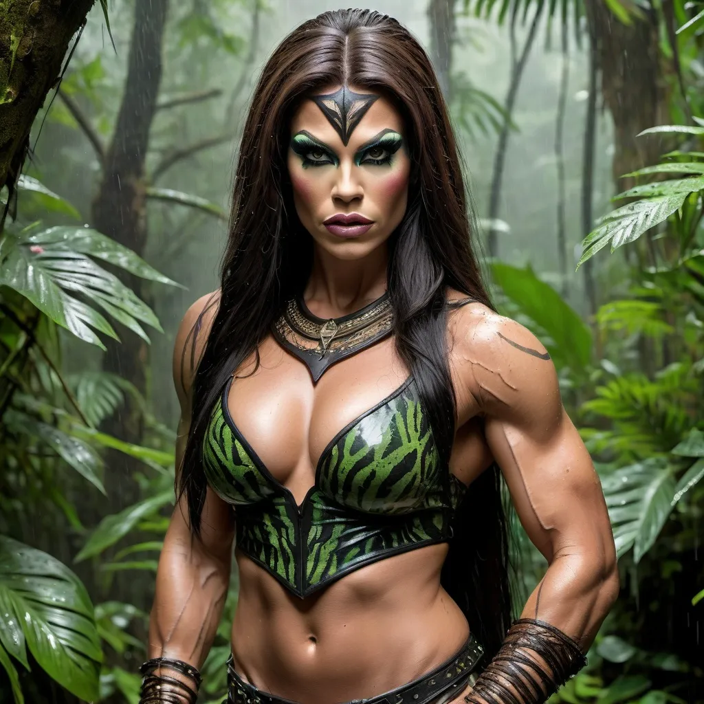 Prompt: Gorgeous muscular 25-year-old Amazon drag queen warrior with long dark hair and big busom, hunting her prey in the Rain forest