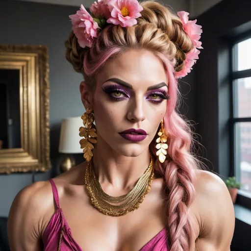 Prompt: A messy room in an apartment.
Age:25 Gorgeous ultra-muscular Czechian drag queen bodybuilder, Bohemian Free-Spirit:

Dark eye makeup, dark lipstick, Long, loosely braided strawberry-blonde hair with small flowers woven into it.
Dangling gold earrings, colorful bracelets.
Wears a flowy, off-shoulder pink peasant blouse, wide-leg patterned pants, and 8 inch stiletto heel sandals.