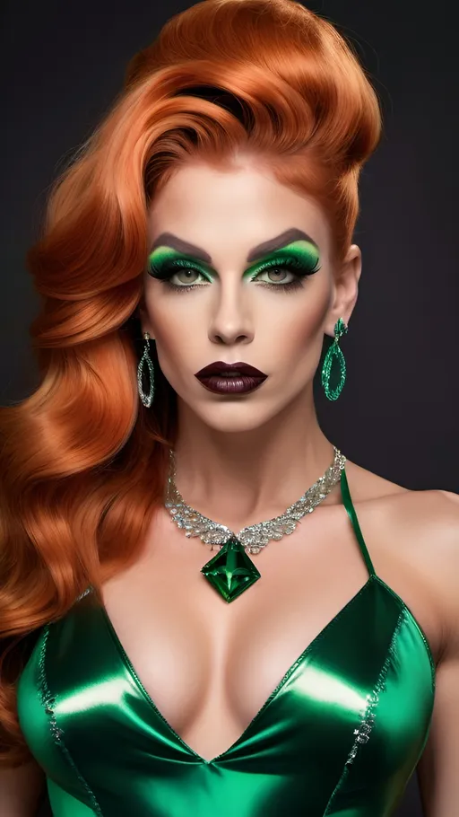 Prompt: a gorgeous ultra-muscular 25-year-old French drag queen bodybuilder with long dark orange wavy hair and a green dimante dress is posing for a p, Chica Macnab, neoclassicism, full round face, dark eye makeup,  dark lipstick, bow earrings with diamond necklace and glossy lips