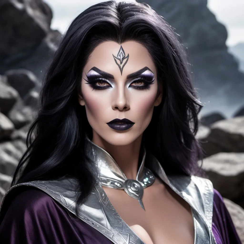 Prompt: (35-year-old gorgeous drag queen sorceress), striking black eyes, silver dark hair with silver streaks, (aura of power), good-looking features, masculine jawline and brow, dark eyeshadow, dark lipstick, wearing mystical robes, ancient runes glowing faintly, dramatic lighting casting shadows on his face, (mysterious ambiance), atop a rocky cliff with a stormy sky, wisps of magic swirling around him, ultra-detailed, cinematic atmosphere.