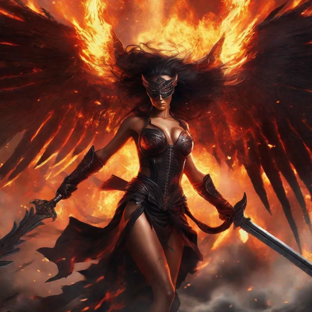 Prompt: Ultra-muscular dark angel with dark masked face of fire, fire coming from her eyes, wings made of fiery flame, flying into hell, attacking demon hoard