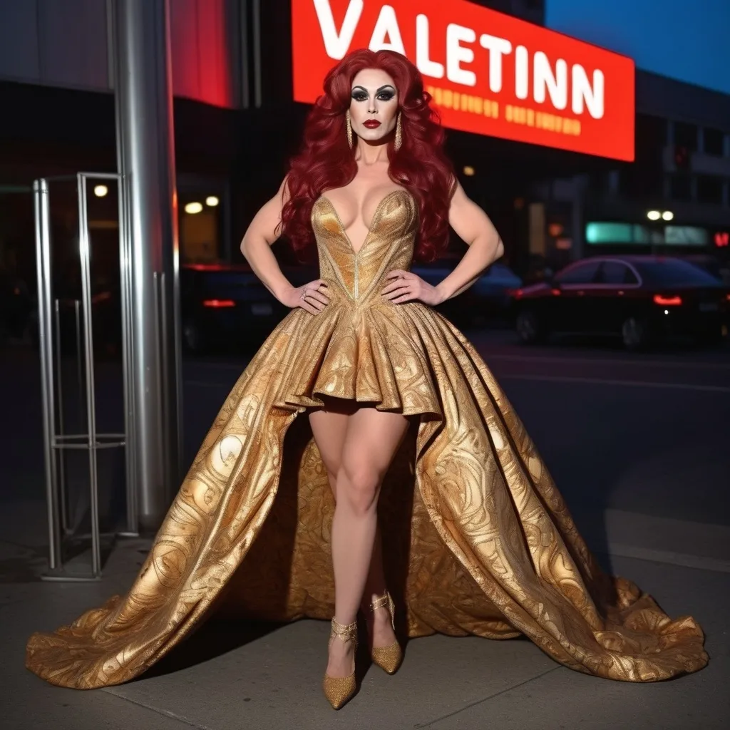 Prompt: 64k Hi-res digital detailed full-body photograph of A gorgeous muscular 25-year-old Romanian drag queen bodybuiler with extremely long wavy dark red hair wearing a very detailed golden Valentino Dress and 8 inch stiletto high heel shoes at a movie premiere at night.