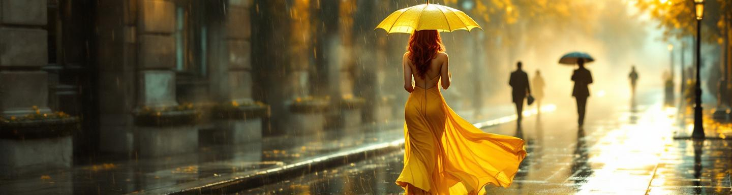 Prompt: Amidst a softly glowing, rain-soaked street, a gorgeous muscular 35-year-old Greek drag queen bodybuilder with dark red hair and a very muscular hourglass figure strides gracefully, her long, flowing yelliw dress rippling gently around her as she grips a matching yellow umbrella. The moist pavement reflects the muted colors of the surrounding architecture and the silhouettes of two figures in the background, clad in dark attire, also holding umbrellas. The scene, imbued with a dreamy, nostalgic atmosphere, captures a serene moment, likely during early morning or late afternoon, with a gentle mist enveloping the area. The lighting is subdued yet warm, enhancing the romantic essence of the composition while the combination of pastels and muted tones conveys a timeless elegance. This image evokes a sense of quiet contemplation and beauty in the mundane, highlighting the delicate interplay between fashion and nature.