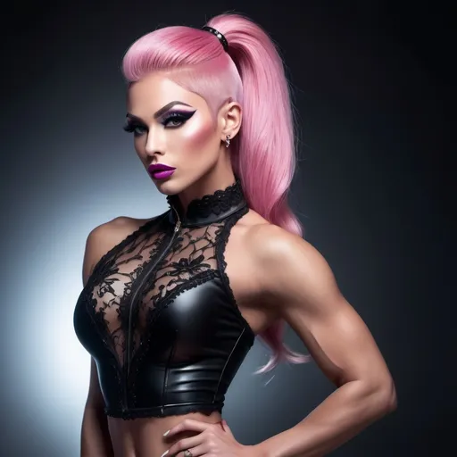 Prompt: photo of gorgeous ultra-masculine 25-year-old drag queen bodybuilder. Pink High pony tail hair. goth lips, intricate lacey outfit. very attractive. high detail realistic. Muscular thighs,  full body shot, professional photo. Studio lighting, backlit, realistic lighting. hdr uhd 8k ultra-realistic render,  very high detail skin, beautiful face, Dolce&Gabbana