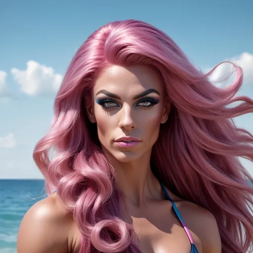 Prompt: Design a photorealistic portrait of a gorgeous muscular 25-year-old French drag queen bodybuilder with long, flowing dark pink hair, set against a tranquil beach background with clear blue water and gentle waves.