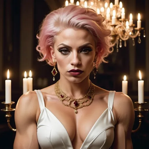 Prompt: a gorgeous ultra-muscular 25-year-old Czechian drag queen bodybuilder in a white dress and gold jewelry, short sassy pink hair dark eye shadow and dark red lipstick, and a chandelier with candles in the background, Annie Leibovitz, romanticism, elegance, a still life