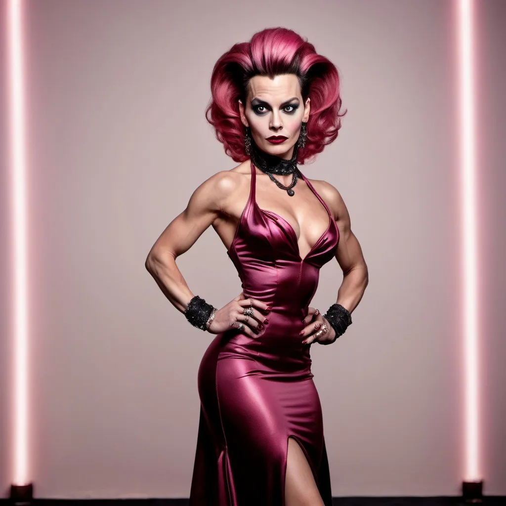 Prompt: 64k his-res digital Full length photograph of young Johnny Depp dressed as a Gorgeous busomy 35-year-old Finnish drag queen bodybuilder with dark pink long updo hair style. (((Bronze and black ball gown and high heel shoes))). Dark eye shadow and dark red lipstick. Posing on the dance floor.