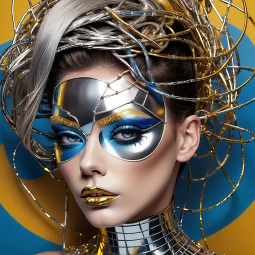 Prompt: a gorgeous masculine 25-year-old drag queen's face is futuristically transformed into a chrome-plated structure covered in wires. The left blue eye is shown in photo-realistic detail. the right eye futuristic. It is surrounded by silver and gold detailed small shapes against an abstract background that depicts dark yellow tones as dripping paint 