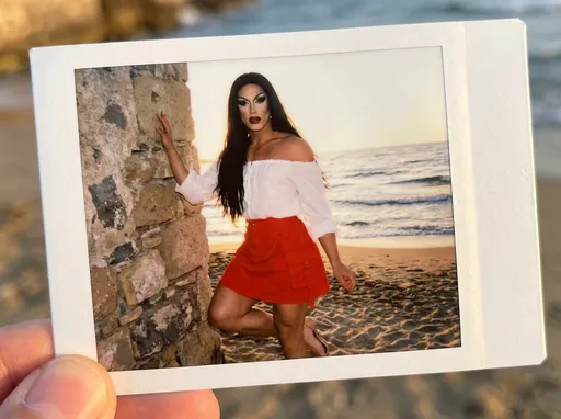 Prompt: Create a photo shot on a Polaroid cameraof a (very muscular) olive-skin 35-year-old Greek drag queen, (blue eyes), (very long flowing shiny black hair), immaculate dark makeup, dark red lipstick, button-up off-the-shoulder white blouse, neon red skirt with cargo pockets, 6 inch stiletto high heel shoes, standing next to a stone wall, beach and ocean background, sunset daylight, dynamic pose, high-res, pro photo, beach scene, flawless facial features, alluring expression, professional photography, warm and vibrant colors, natural lighting, 8k, sharp focus, high quality, luxurious fabrics.