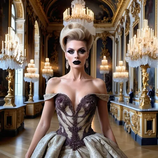 Prompt: Design a modern glamorous wedding dress worn by a real life gorgeous German drag queen ((strong masculine jawline and brow features)) model dress to be daring and glamorous and elegant, dark eye makeup, dark lipstick.  Posing in the Palace of Versailles.