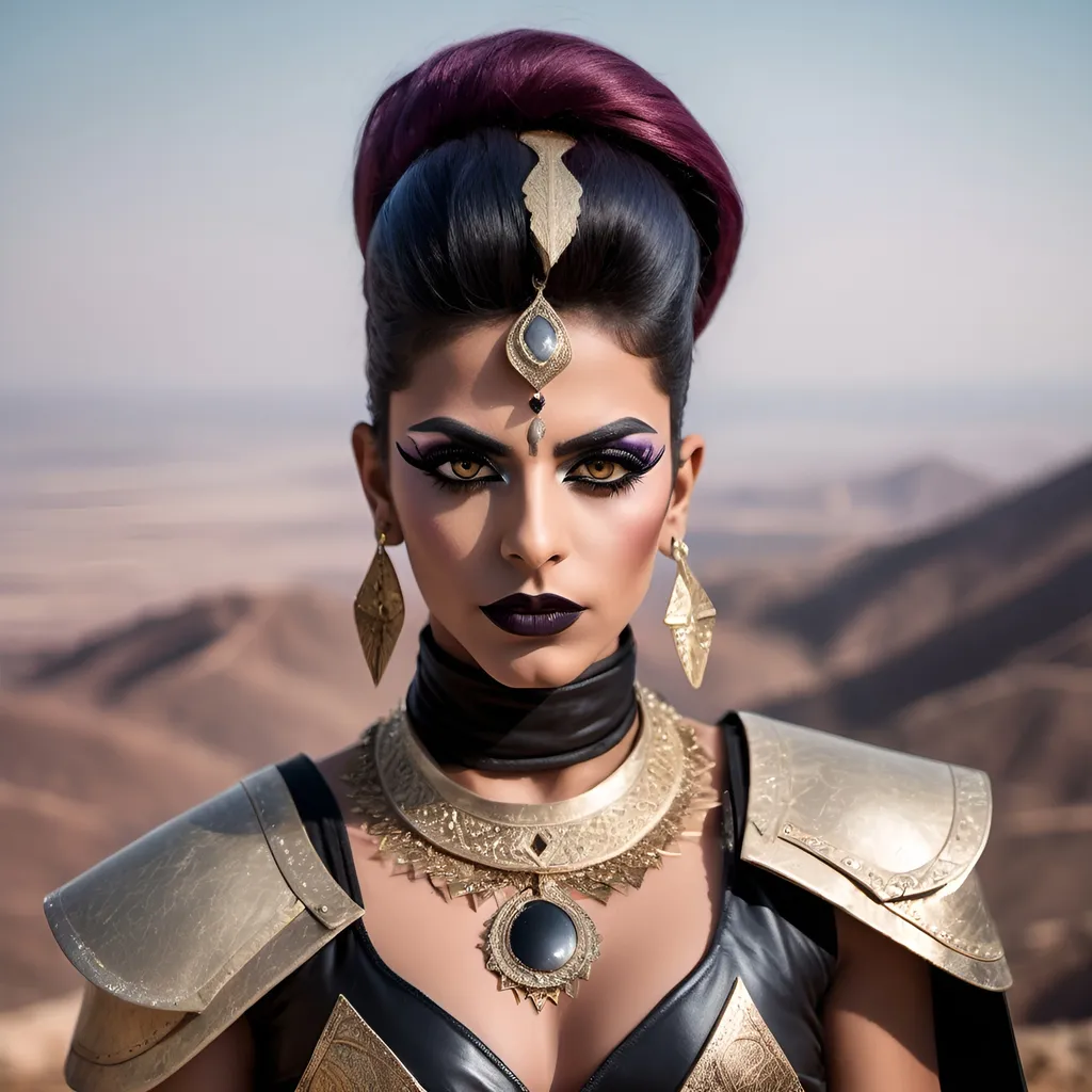 Prompt: Create a portrait photo of a young Arabic drag queen warrior chief with a serious expression, dark eye makeup and dark lipstick, standing on a hilltop overlooking a vast landscape. Use 50mm portrait photography to create a close-up and unique perspective, and capture the strength and determination in her eyes.