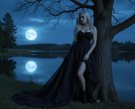 Prompt: Gorgeous muscular Gothic drag queen vampire with long silver and black hair, wearing a long black dress with a train. She is posing attractively by a tree by the lake. On an evening with a big blue moon in the sky