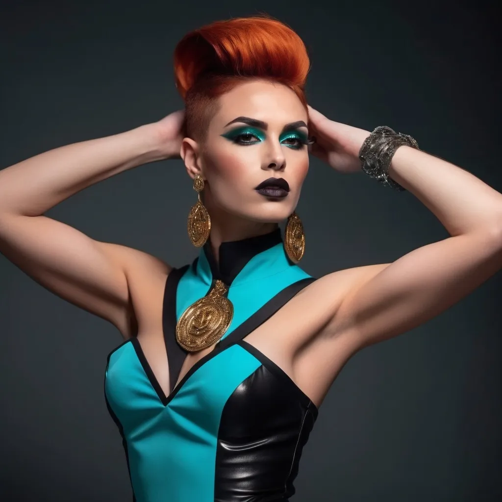 Prompt:  (A gorgeous muscular 25-year-old Macedonian drag queen (masculine jawline and brow features) with dark eyeshadow, 
dark lipstick,  and dark orange hair wearing a teal Versace), fierce pose, dramatic (red and black color palette), high-fashion editorial style, luxurious fabric textures, sleek and chic outfit details, vivid presence, modern ambiance, strong emotional intensity, cinematic lighting, backdrop of elegant high-fashion runway, (ultra-detailed, 4K).