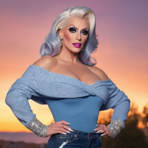 Prompt: Fantastic, flamboyant, very muscular, 35-year-old caucasian drag queen with large busom dressed in jeans and off the shoulder sweater. Hyper-realistic quality. Sunset background. 