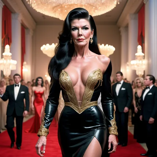 Prompt: High-resolution, cinematic-style photograph featuring Ronald Reagan dressed as a gorgeous,  alluring,  muscular 25-year-old Swedish drag queen with long straight shiny black hair, and wearing a gaudy Versace designed Gown and 8 inch stiletto high heel shoes,  walking the red carpet.