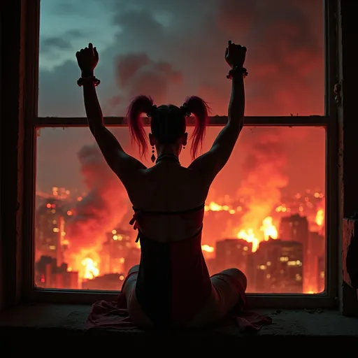 Prompt: Drag queen Harley Quinn perched on a window, hands in the air in triumph, gazing into a fiery cityscape, flames illuminated against a dark sky, dramatic tones, vivid reds and oranges, smoke swirling in the air, high detail, moody atmosphere, urban environment, nighttime, powerful contrast, cinematic lighting, ultra-detailed, surreal and intense emotional vibe.