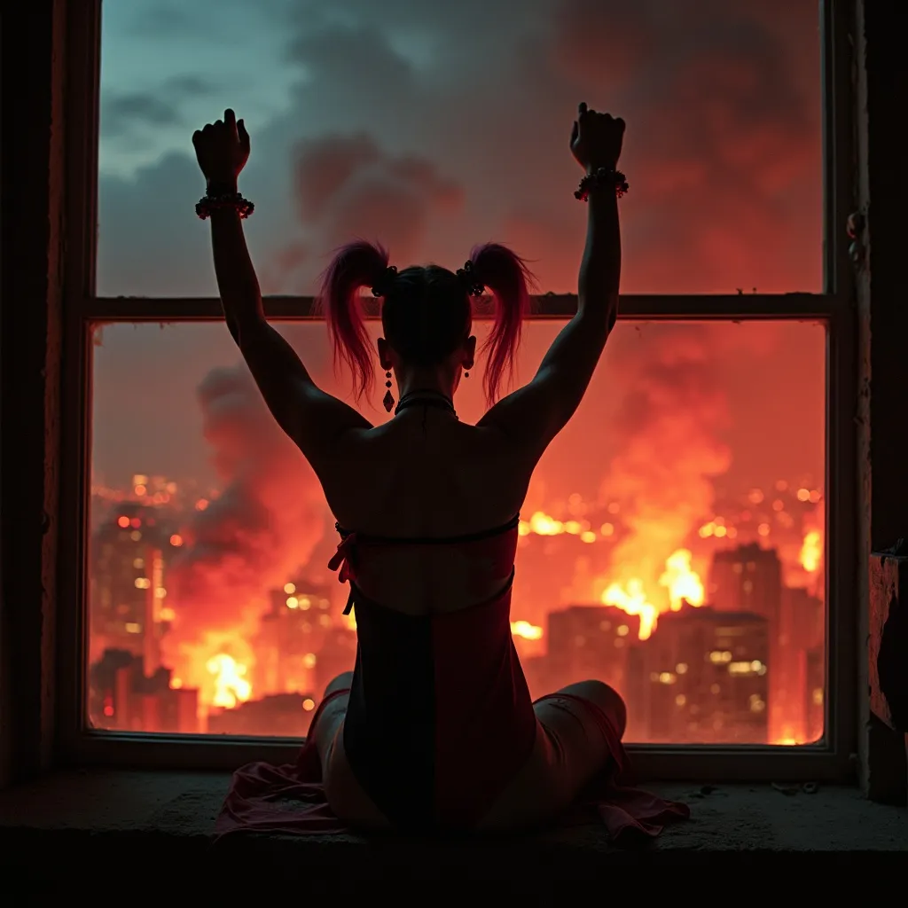 Prompt: Drag queen Harley Quinn perched on a window, hands in the air in triumph, gazing into a fiery cityscape, flames illuminated against a dark sky, dramatic tones, vivid reds and oranges, smoke swirling in the air, high detail, moody atmosphere, urban environment, nighttime, powerful contrast, cinematic lighting, ultra-detailed, surreal and intense emotional vibe.